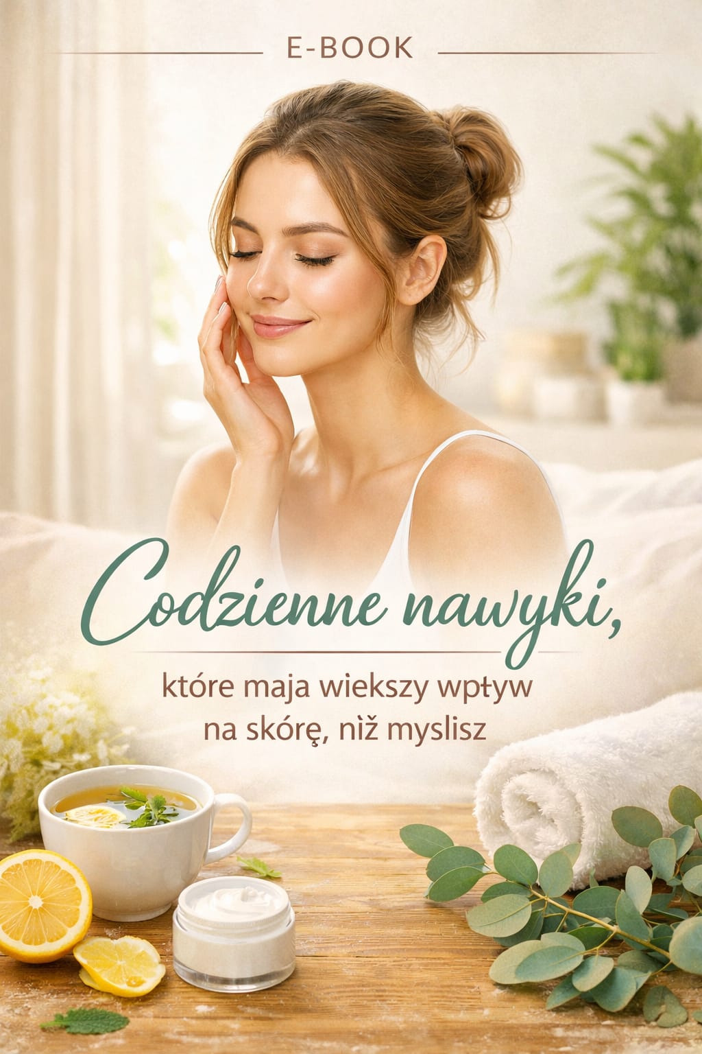 Kobieta dotykająca twarzy, e-book o codziennych nawykach pielęgnacyjnych.